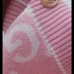 Pink Patterned Rib-Trim Women's Cardigan Sweater